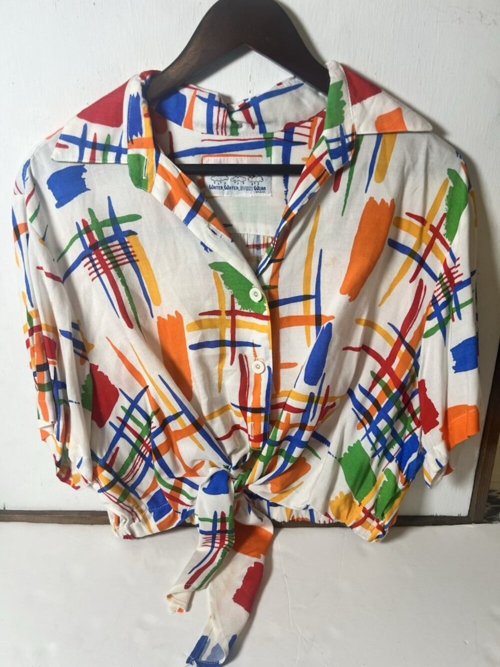 Water Button Up Shirt Womans M Abstract Art To Wear Dopamine Cropped Front Tie - Picture 2 of 5